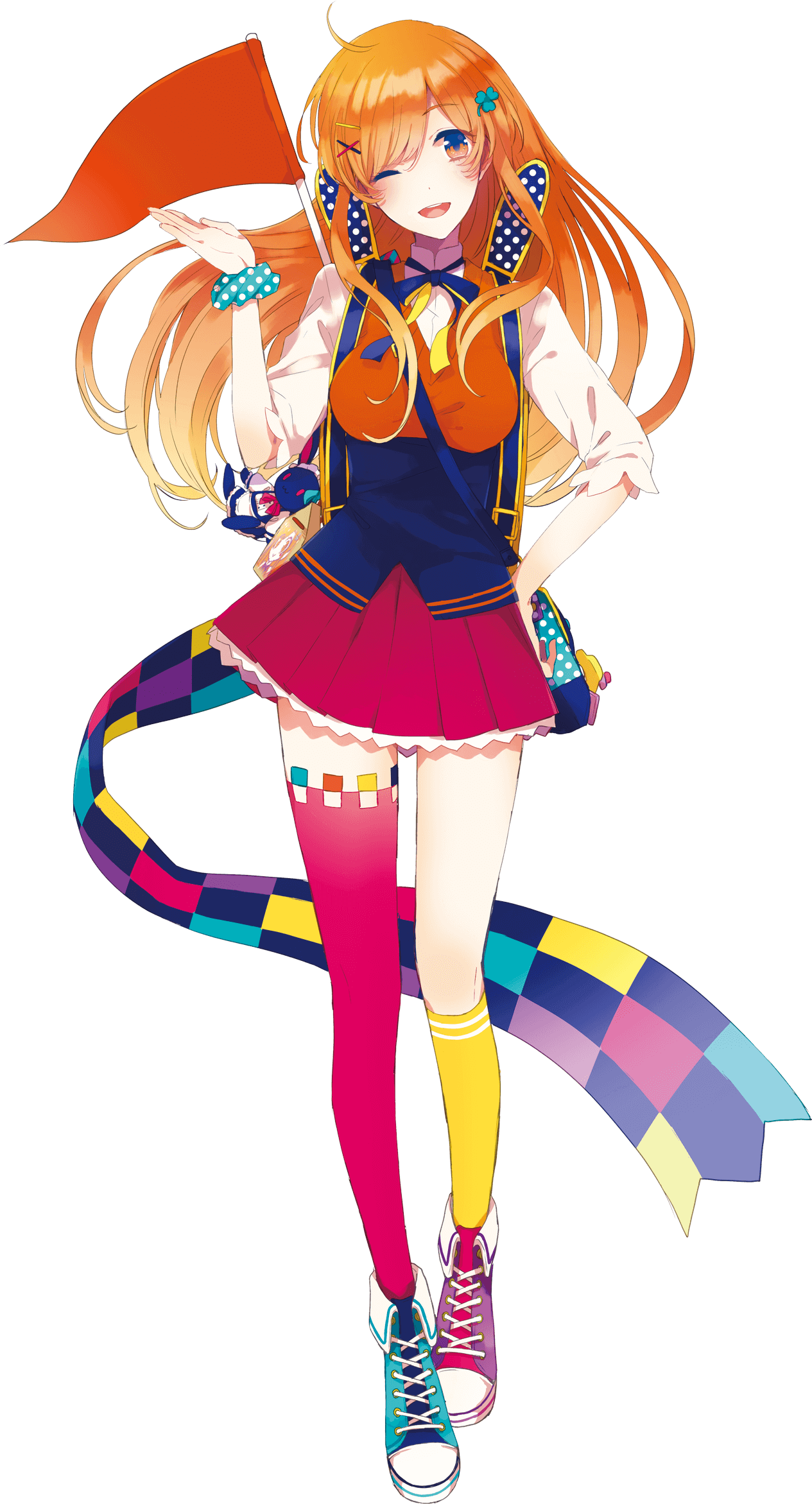 1girl akitsu_mitsuba bag copyright_request flag hair_ornament highres long_hair official_art orange_hair saine smile solo transparent_background virtual_youtuber