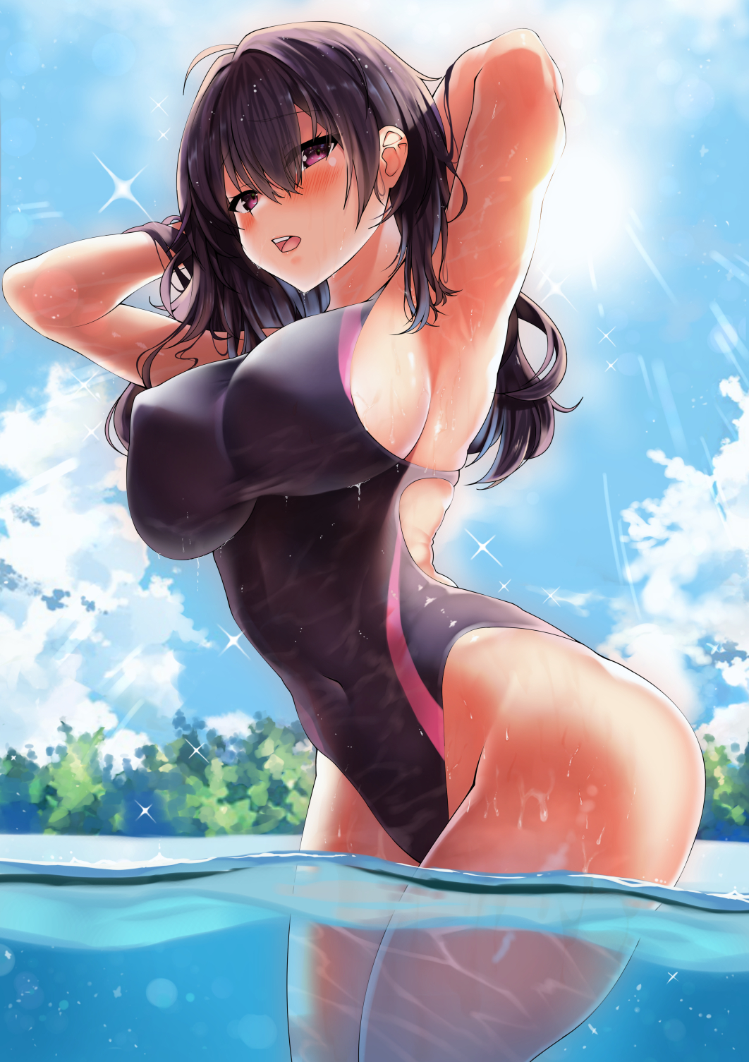 1girl armpits arms_behind_head bangs black_hair blue_sky blush breasts clouds competition_swimsuit covered_navel covered_nipples hair_between_eyes highres kawai long_hair one-piece_swimsuit open_mouth original partially_submerged pool sky solo swimsuit teeth upper_teeth violet_eyes