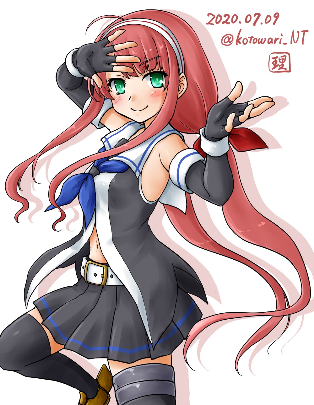 1girl ahoge artist_logo belt black_gloves black_legwear black_skirt blue_eyes collared_shirt commentary_request dated elbow_gloves fingerless_gloves gloves hair_ribbon hairband highres kantai_collection kawakaze_(kantai_collection) kotowari_(newtype_kenkyuujo) long_hair low_twintails navel neckerchief pleated_skirt pointy_ears redhead ribbon shirt sidelocks simple_background skirt sleeveless sleeveless_shirt solo standing standing_on_one_leg sukeban thigh-highs twintails twitter_username very_long_hair white_background