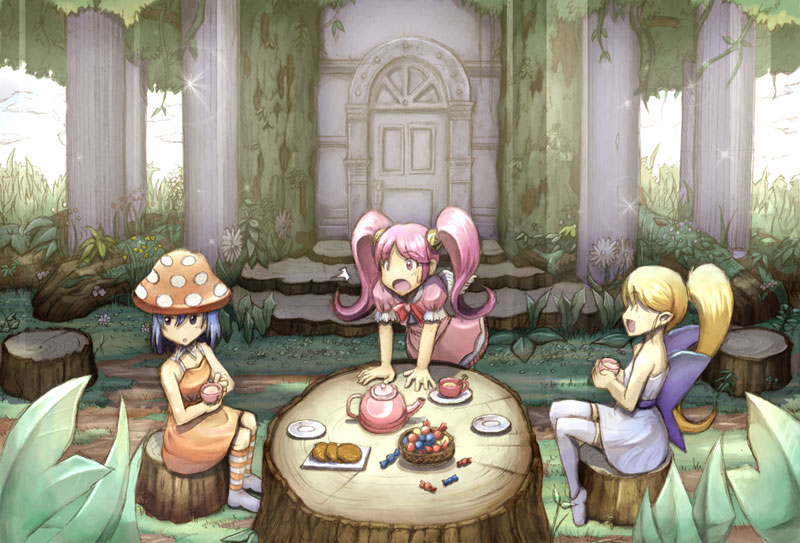 3girls :d basket blonde_hair blue_hair candy commentary_request cup dress food gdgd_fairies grass holding holding_cup korokoro looking_to_the_side multiple_girls open_mouth orange_dress outdoors pikupiku pink_eyes pink_hair ponytail saucer shirushiru sitting smile socks striped striped_legwear tea_party teacup teapot thigh-highs tied_hair tongue tree_trunk twintails yuuru