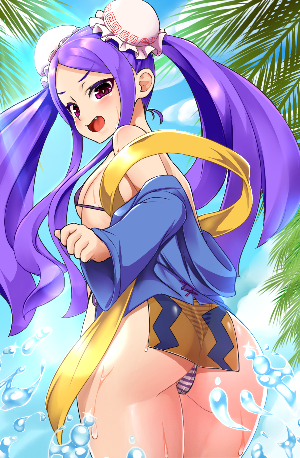 1girl ass bangs bikini blush breasts double_bun facial_mark fang fate/grand_order fate_(series) forehead forehead_mark from_behind highres long_hair looking_at_viewer looking_back parted_bangs purple_hair shiny shiny_hair shiny_skin shiron_(e1na1e2lu2ne3ru3) small_breasts solo standing striped striped_bikini swimsuit violet_eyes wu_zetian_(fate/grand_order)