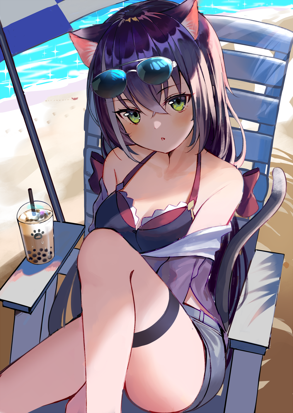 1girl :o animal_ears aroa_(aroamoyasi) bangs bare_shoulders beach beach_umbrella bikini black_bikini black_hair blue-tinted_eyewear blue_shorts bow breasts bubble_tea cat_ears cat_girl cat_tail commentary_request cup day disposable_cup drinking_straw eyebrows_visible_through_hair eyewear_on_head feet_out_of_frame green_eyes hair_between_eyes hair_bow highres jacket karyl_(princess_connect!) knee_up long_hair looking_at_viewer low_twintails medium_breasts off_shoulder outdoors parted_lips princess_connect! princess_connect!_re:dive purple_jacket red_bow sand short_shorts shorts solo sparkle sunglasses swimsuit tail tail_raised thigh_strap twintails umbrella very_long_hair water