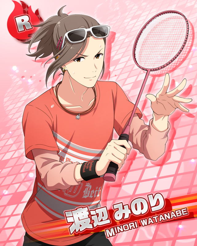 badminton badminton_racket brown_hair character_name idolmaster idolmaster_side-m racket red_eyes shirt short_hair smile watanabe_minori