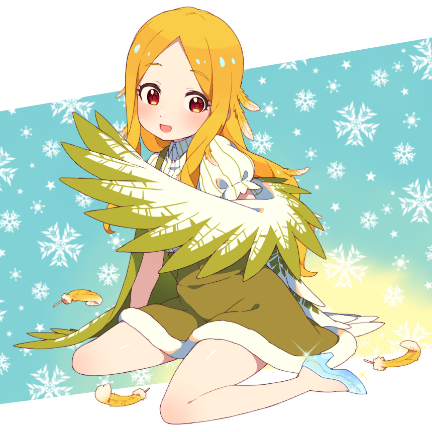 1girl bangs blonde_hair blue_footwear blush commentary_request dot_nose dress feather_hair feathered_wings feathers fur_trim green_dress idolmaster idolmaster_cinderella_girls long_hair mochizuki_hijiri moyori parted_bangs pumps red_eyes short_sleeves sitting smile solo wings