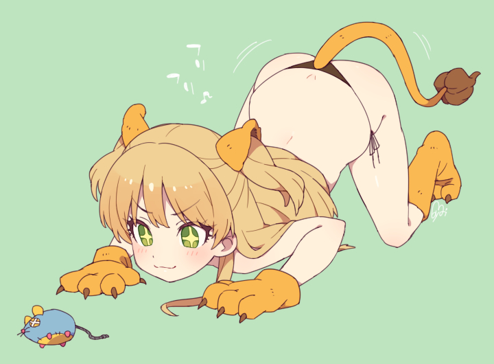 +_+ 1girl :3 all_fours animal_ears ass bangs black_panties blonde_hair blush closed_mouth commentary_request eyebrows_visible_through_hair fake_animal_ears gloves green_background green_eyes idolmaster idolmaster_cinderella_girls jougasaki_rika lion_ears lion_girl lion_paws lion_tail long_hair moyori panties paw_gloves paw_shoes paws shoes side-tie_panties simple_background smile solo sparkling_eyes stuffed_animal stuffed_mouse stuffed_toy symbol-shaped_pupils tail top-down_bottom-up two_side_up underwear v-shaped_eyebrows