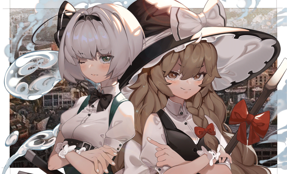 2girls bangs black_headwear blonde_hair braid breasts broom chinese_commentary closed_mouth eyebrows_visible_through_hair fang green_eyes hair_between_eyes hair_ribbon hat holding holding_broom juliet_sleeves kirisame_marisa konpaku_youmu konpaku_youmu_(ghost) lming_(2072878058) long_hair long_sleeves looking_at_viewer multiple_girls nail_polish one_eye_closed puffy_short_sleeves puffy_sleeves red_ribbon ribbon short_hair short_sleeves silver_hair single_braid skin_fang small_breasts smile standing touhou upper_body white_nails witch_hat wrist_cuffs yellow_eyes