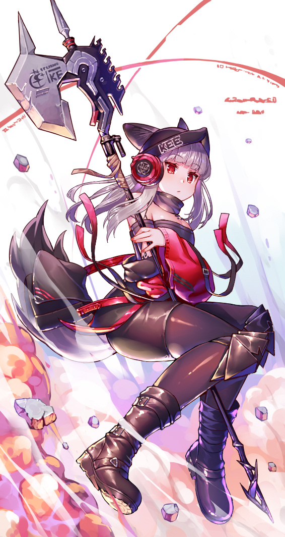 1girl animal_ears arknights bangs black_footwear black_headwear black_jacket black_legwear black_skirt blunt_bangs boots breasts closed_mouth commentary detached_collar expressionless eyebrows_visible_through_hair falling fox_ears fox_tail frostleaf_(arknights) full_body grey_shirt halberd hat headphones holding holding_weapon jacket kibanda_gohan long_hair medium_breasts miniskirt nail_polish off-shoulder_shirt off_shoulder open_clothes open_jacket ore_lesion_(arknights) pantyhose polearm red_eyes red_nails rubble shirt silver_hair simple_background skirt solo tail weapon white_background