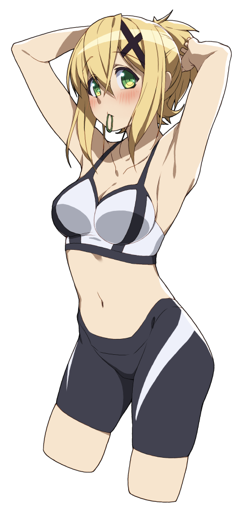 1girl akatsuki_kirika arms_up bike_shorts blonde_hair blush breasts cosplay green_eyes hair_ornament looking_at_viewer maria_cadenzavna_eve maria_cadenzavna_eve_(cosplay) medium_breasts mouth_hold senki_zesshou_symphogear shiny shiny_hair shiny_skin short_hair simple_background solo standing tank_top tsukamoto_kensuke white_background x_hair_ornament