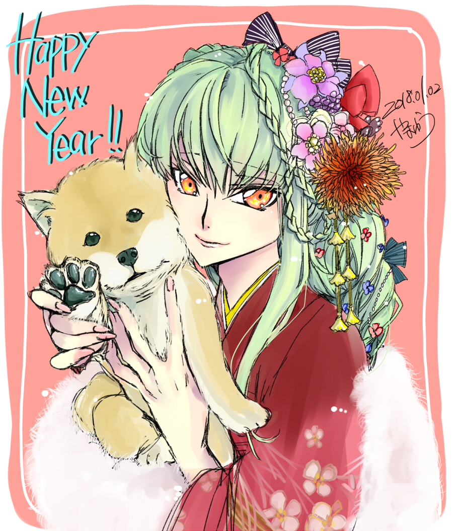 2018 bag bow braid c.c. closed_mouth code_geass dated eyebrows_visible_through_hair floral_print green_hair hair_between_eyes hair_bow happy_new_year holding_dog japanese_clothes kimono long_hair looking_at_viewer new_year print_kimono red_background red_kimono roman_buriki signature smile striped tied_hair very_long_hair yellow_eyes