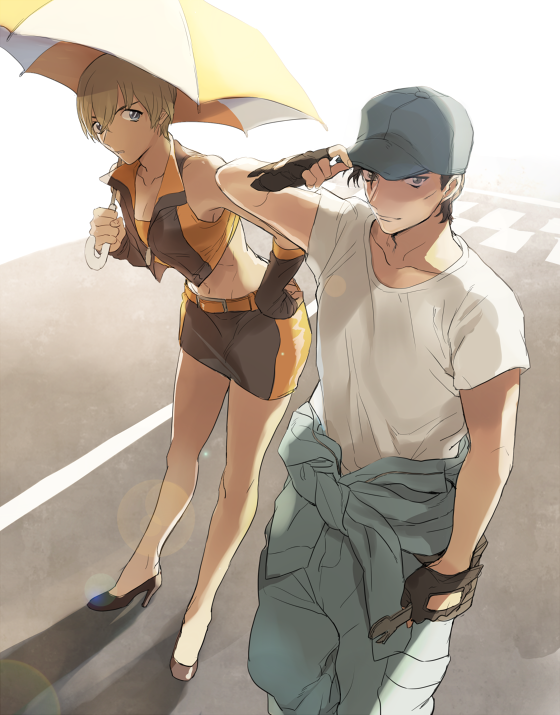 2boys adjusting_clothes adjusting_hat akai_shuuichi amuro_tooru bangs baseball_cap belt_buckle black_footwear black_gloves blonde_hair blue_eyes brown_hair buckle collarbone crop_top crossdressinging fingerless_gloves gloves grey_headwear hair_between_eyes hand_on_hip hat high_heels holding holding_umbrella leaning_forward looking_at_viewer male_focus meitantei_conan midriff multiple_boys navel orange_belt outdoors pumps racequeen shirt short_shorts short_sleeves shorts stomach t-shirt torinomaruyaki umbrella white_shirt