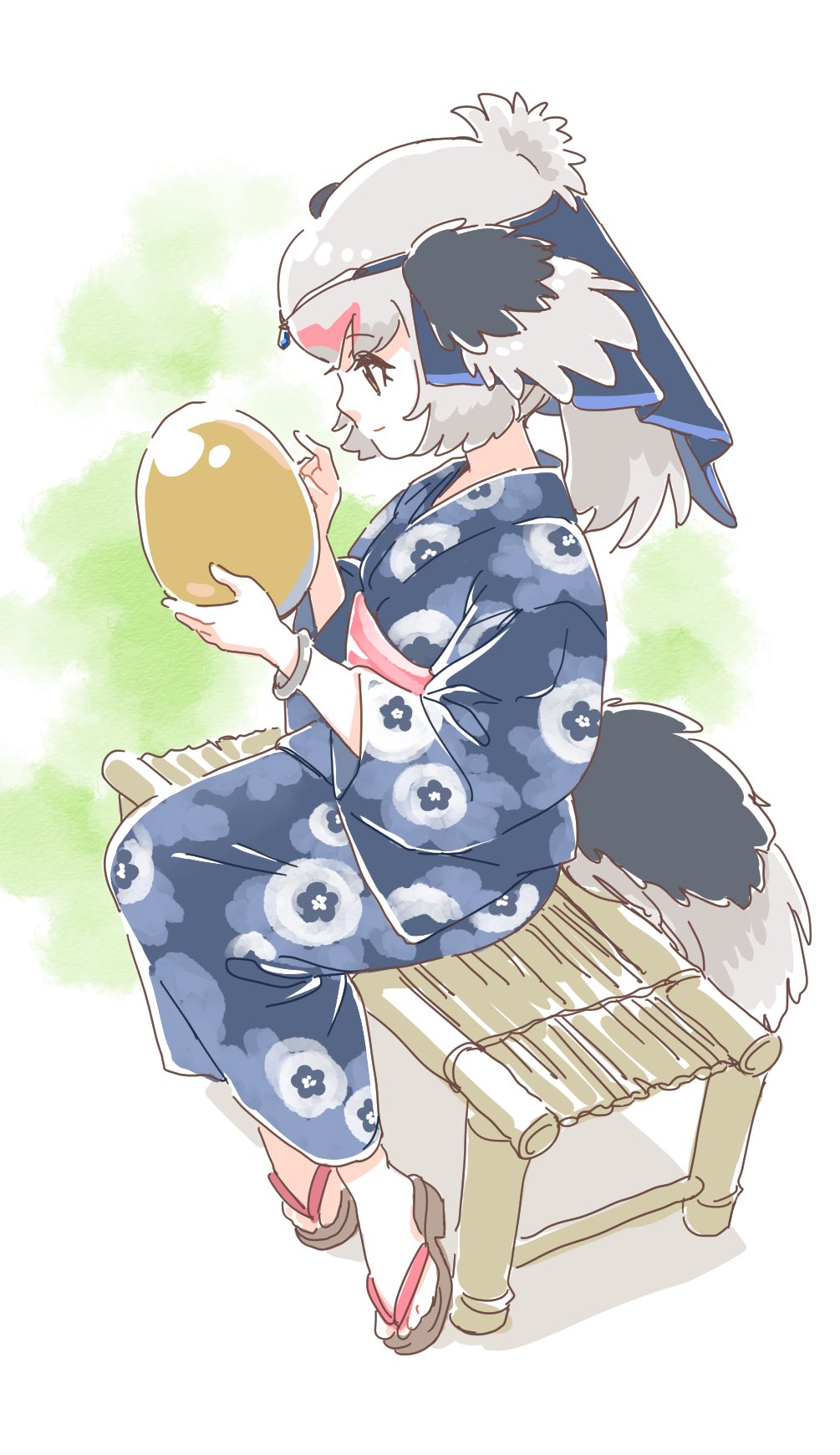 1girl bench bird_girl bird_tail bird_wings black_hair commentary_request floral_print geta golden_egg grey_hair head_chain head_wings headdress highres japanese_clothes kemono_friends kimono mitsumoto_jouji multicolored_hair ostrich_(kemono_friends) redhead short_hair sitting solo wings