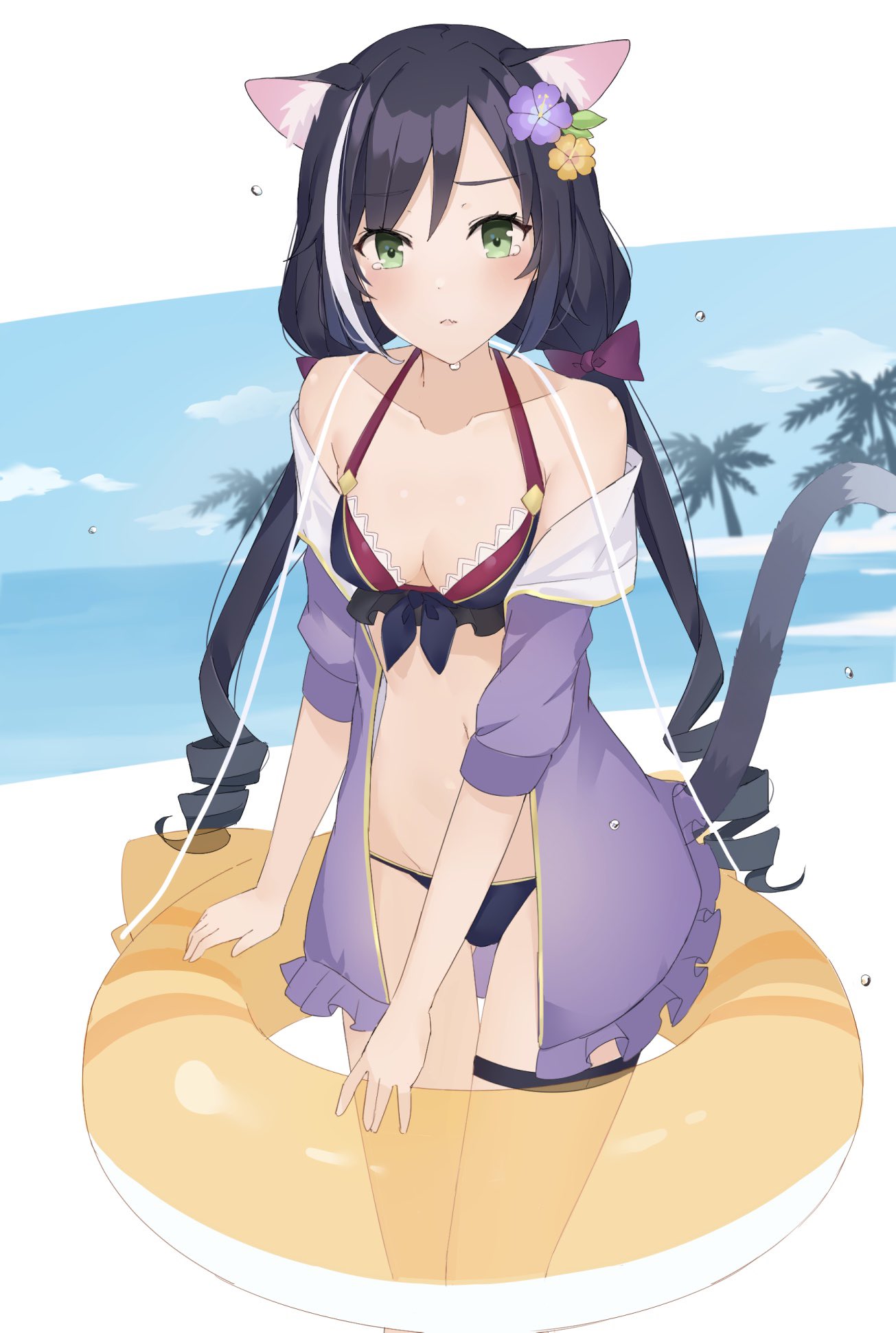 1girl animal_ear_fluff animal_ears bangs bare_shoulders black_hair black_swimsuit blush breasts cat_ears cat_girl cat_tail collarbone commentary_request drill_hair eyebrows_visible_through_hair green_eyes highres inanami innertube jacket karyl_(princess_connect!) long_hair looking_at_viewer low_twintails multicolored multicolored_clothes multicolored_hair multicolored_swimsuit ocean palm_tree princess_connect! princess_connect!_re:dive purple_jacket red_swimsuit solo streaked_hair swimsuit tail tearing_up tree twin_drills twintails very_long_hair white_background white_hair