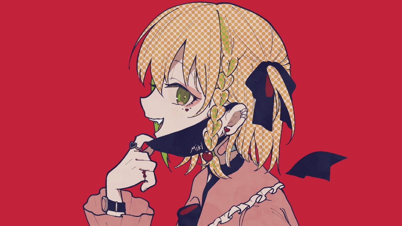 1girl belt blonde_hair ear_piercing earrings from_side fuzuki_miki hair_behind_ear heart heart_earrings indie_virtual_youtuber jewelry mask mask_pull mouth_mask no1shyv parody patterned_hair piercing red_background ring second-party_source short_hair solo two_side_up unmoving_pattern upper_body vampire_(vocaloid) virtual_youtuber watch watch