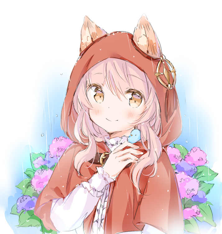 1girl animal animal_ear_fluff animal_ears bangs bird bluebird blush brown_eyes capelet closed_mouth commentary_request day eyebrows_visible_through_hair flower hair_between_eyes hand_up hood hood_up hooded_capelet hydrangea long_sleeves original outdoors pink_flower pink_hair purple_flower rain red_capelet shirt sleeves_past_wrists smile solo upper_body wataame27 white_shirt wolf-chan_(wataame27) wolf_ears