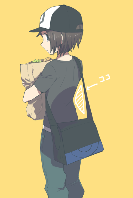 1boy alternate_costume bag baseball_cap black_headwear brown_hair calem_(pokemon) closed_mouth commentary_request from_behind green_pants hat holding holding_bag looking_back male_focus messenger_bag niimura_(csnel) pants paper_bag pokemon pokemon_(game) pokemon_xy shirt short_hair short_sleeves shoulder_bag simple_background solo t-shirt yellow_background