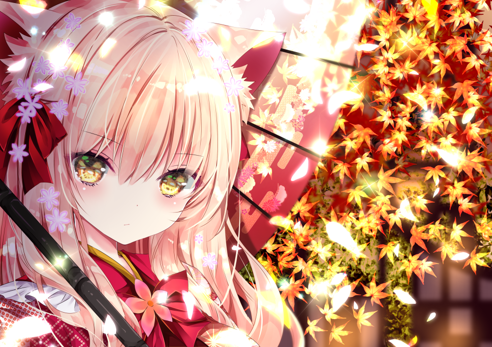 1girl animal_ears autumn_leaves bangs blush bow brown_umbrella closed_mouth commentary_request egasumi eyebrows_visible_through_hair flower hair_between_eyes hair_bow hair_flower hair_ornament leaf light_brown_hair long_hair looking_at_viewer maple_leaf nanase_kureha nanase_nao oriental_umbrella original pink_flower red_bow solo umbrella upper_body yellow_eyes