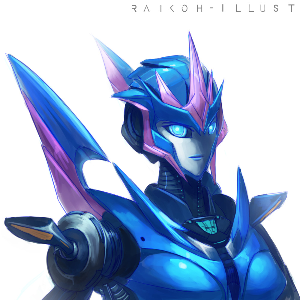 1girl arcee artist_name autobot blue_eyes close-up english_commentary fausto glowing glowing_eyes looking_at_viewer no_humans robot solo transformers transformers_prime