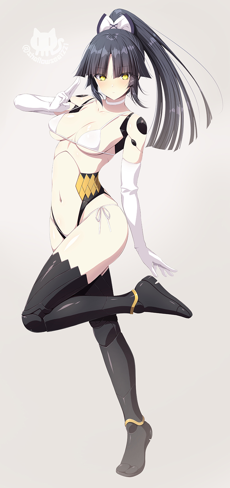 1girl asami_asami bikini black_hair breasts choker elbow_gloves fate/grand_order fate_(series) full_body gloves highres joints katou_danzou_(fate/grand_order) kuji-in medium_breasts navel ponytail robot_joints shirt side-tie_bikini swimsuit white_bikini white_gloves white_shirt yellow_eyes