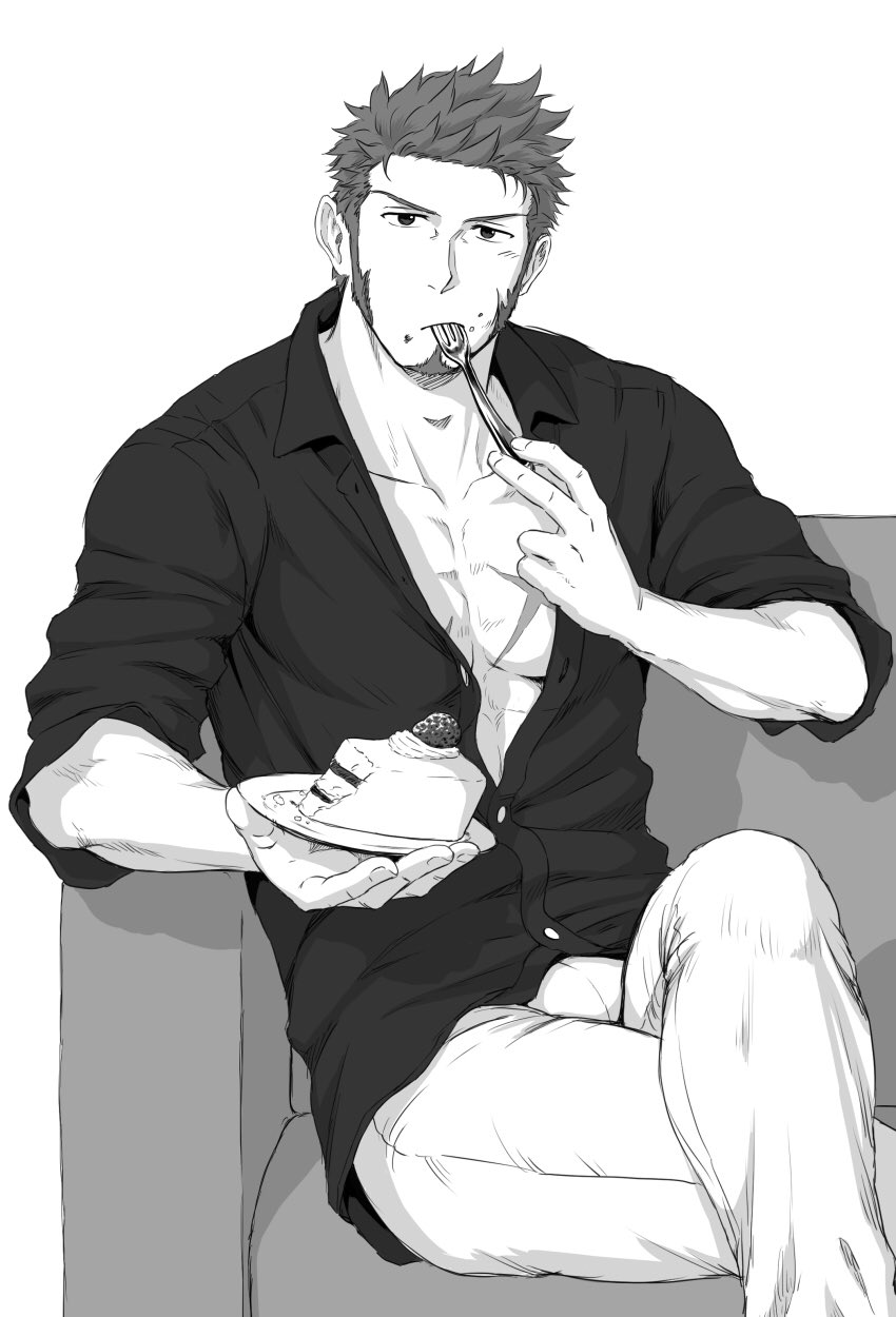 1boy alternate_costume beard bulge cake chest collared_shirt couch crossed_legs dessert eating facial_hair fate/grand_order fate_(series) food food_on_face fork goatee greyscale highres looking_at_viewer male_focus monochrome muscle napoleon_bonaparte_(fate/grand_order) pants pectorals scar shirt sideburns simple_background solo tight unbuttoned unplugged_line white_pants