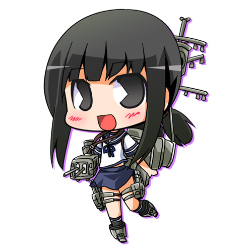 1girl black_eyes black_hair blue_sailor_collar blue_skirt chibi commentary_request fubuki_(kantai_collection) kantai_collection looking_at_viewer low_ponytail lowres machinery open_mouth pac-man_eyes pleated_skirt ponytail sailor_collar school_uniform serafuku short_ponytail sidelocks simple_background skirt smile solo suntail white_background