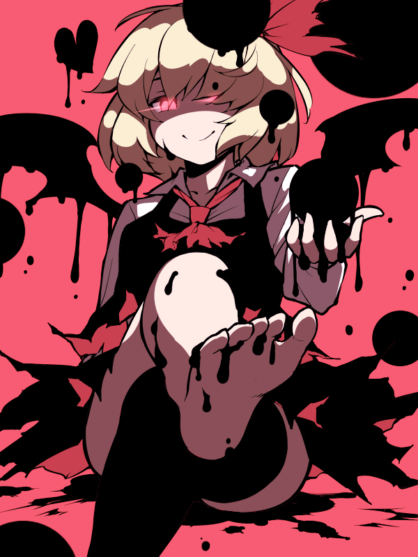 1girl ascot barefoot black_legwear blonde_hair bow commentary_request crossed_legs darkness demekyon dripping feet foot_out_of_frame glowing glowing_eyes hair_bow hair_over_one_eye heart holding long_sleeves looking_at_viewer pov_feet red_background red_bow red_eyes red_neckwear rumia short_hair single_thighhigh sitting smile soles solo thigh-highs toes torn_clothes touhou wings