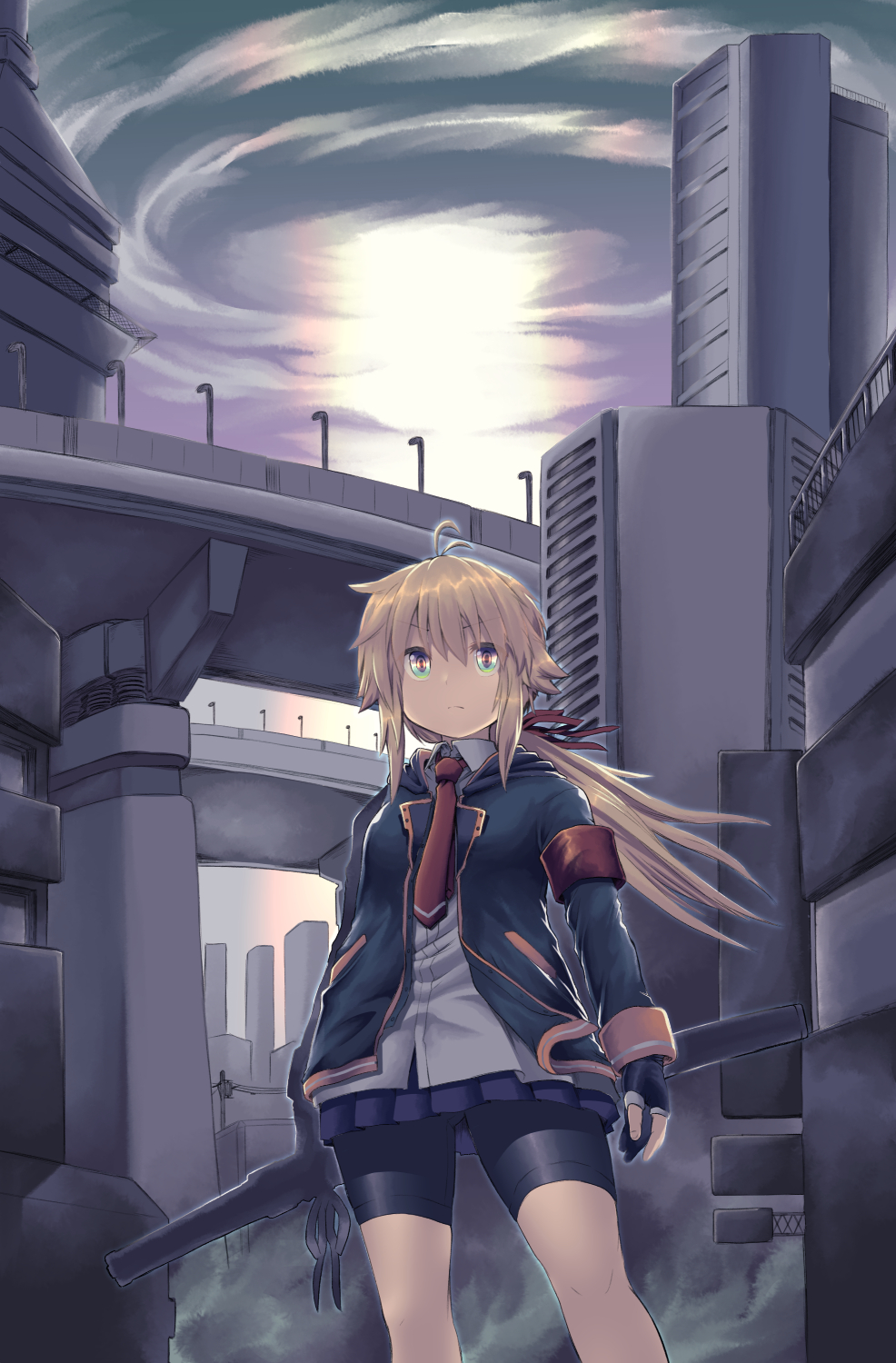 antenna_hair bike_shorts blonde_hair breasts city clouds cloudy_sky commentary_request fingerless_gloves gloves green_eyes highres jacket koshirae_tsurugi long_hair m.m multicolored multicolored_eyes necktie original ponytail short_sword shorts sidelocks sky small_breasts sword track_jacket wakizashi weapon