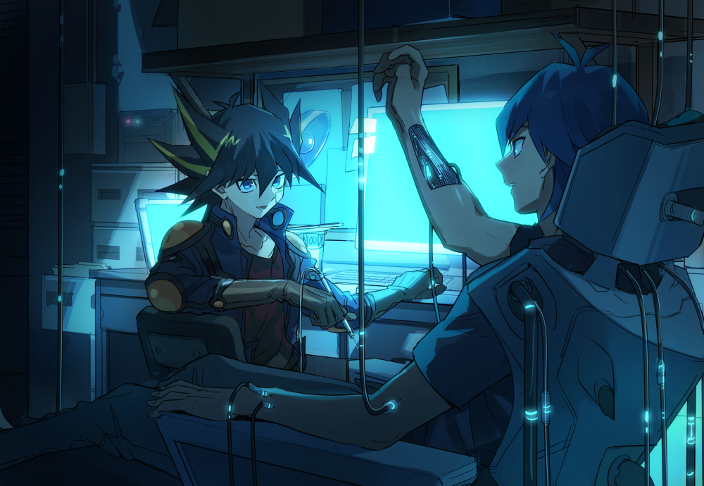 2boys :d bangs black_hair black_shirt blue_eyes blue_hair blue_jacket brown_gloves bruno_(yuu-gi-ou_5d's) computer elbow_gloves fudou_yuusei gloves hair_between_eyes highlights indoors jacket male_focus monitor multicolored_hair multiple_boys open_clothes open_jacket open_mouth shirt smile spiky_hair torinomaruyaki yuu-gi-ou yuu-gi-ou_5d's