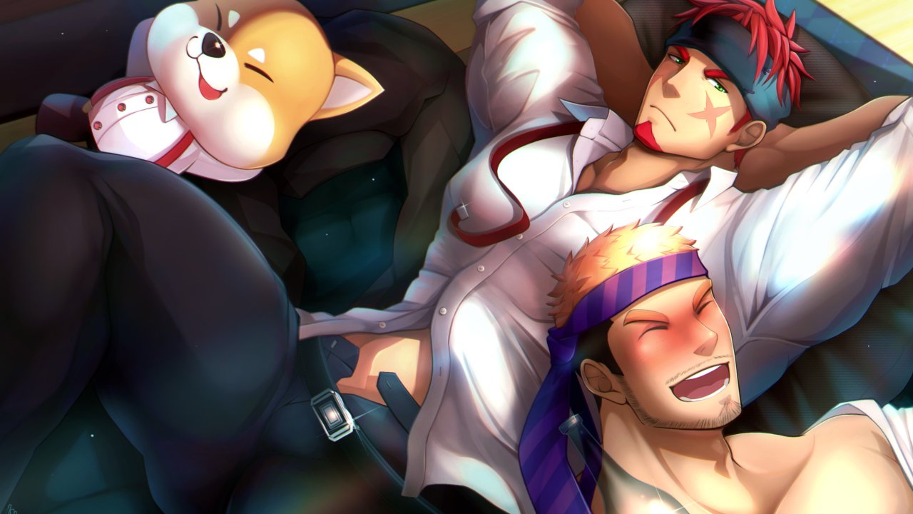 2boys bara beard blush brown_hair chest closed_eyes drunk facial_hair facial_scar green_eyes gyee hand_behind_head headband kuro_(shiranui) male_focus manly mascot multicolored_hair multiple_boys muscle musso_(gyee) open_clothes open_mouth open_pants open_shirt orange_hair pants pectorals rand_(gyee) redhead scar smile thick_thighs thighs tight tight_pants toned toned_male undressing upper_body