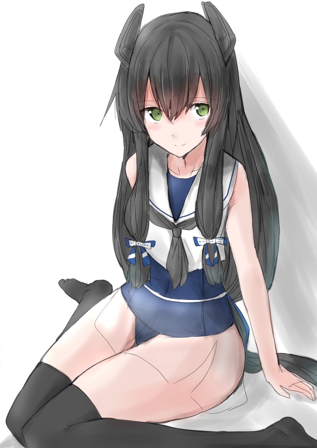 1girl bangs black_hair black_legwear blue_ribbon green_eyes hair_between_eyes hair_ornament hair_ribbon highres i-47_(kantai_collection) kamaboko_senshi kantai_collection long_hair ribbon school_swimsuit see-through_skirt shadow sidelocks simple_background sitting skirt smile solo swimsuit thigh-highs very_long_hair white_background white_ribbon