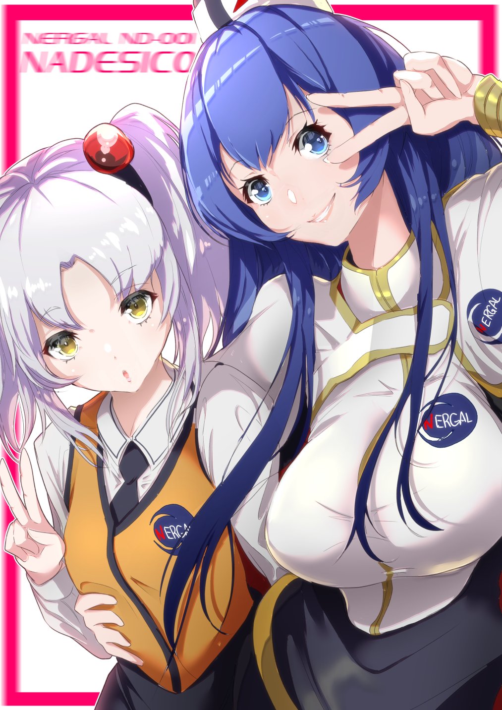 2girls :o arm_around_waist bangs black_neckwear blue_eyes blue_hair breasts eyebrows_visible_through_hair flat_chest hair_between_eyes hat highres hoshino_ruri kidou_senkan_nadesico looking_at_viewer medium_breasts misumaru_yurika multiple_girls necktie open_mouth parted_bangs sakusakusakurai twintails uniform v white_hair yellow_eyes