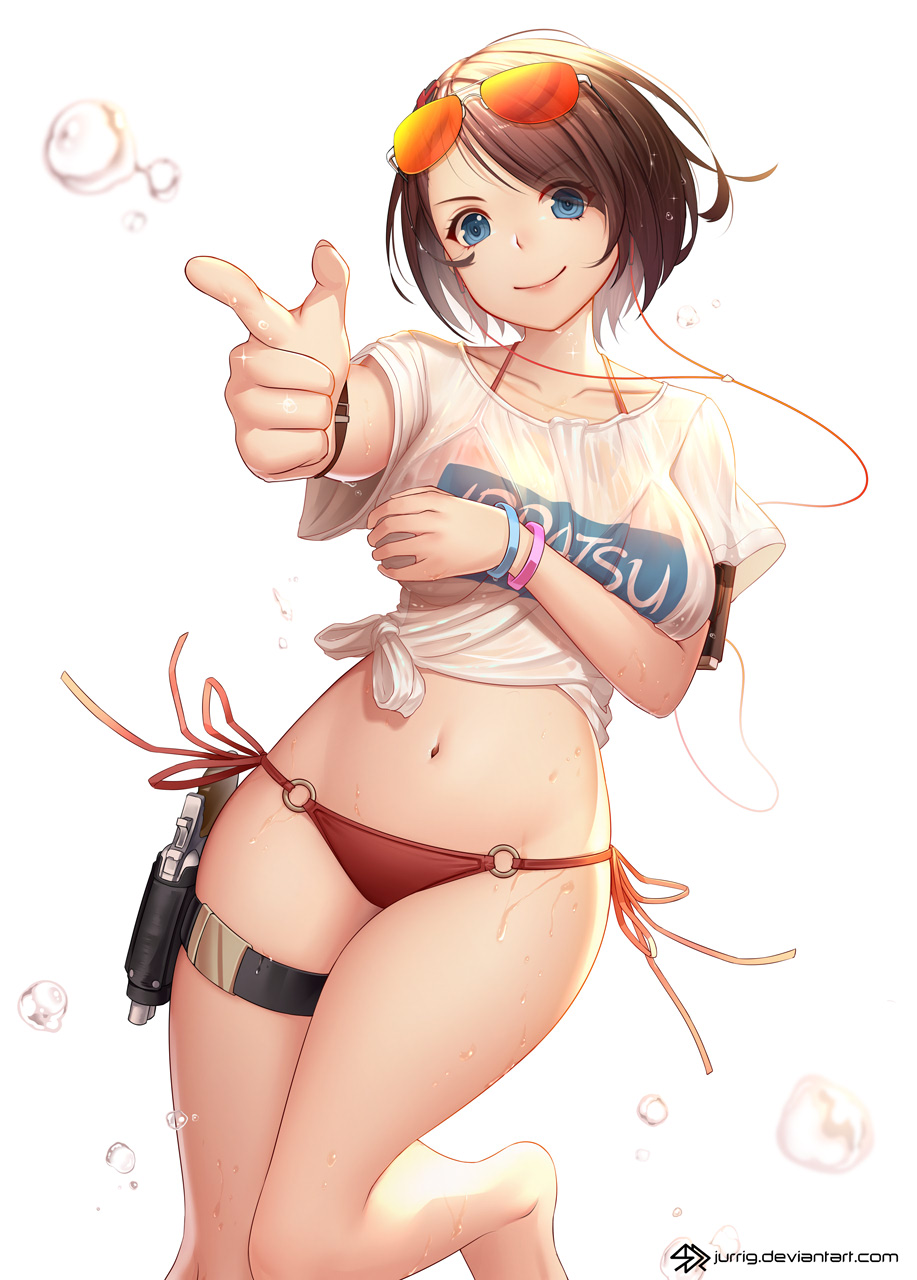 1girl bangs bare_arms barefoot bikini blue_eyes bracelet breasts brown_hair collarbone commentary eyebrows_visible_through_hair eyewear_on_head gun highres holster holstered_weapon jewelry jurrig large_breasts looking_at_viewer navel o-ring o-ring_bikini original pointing pointing_at_viewer red_bikini shirt short_hair short_sleeves side-tie_bikini simple_background smile solo sunglasses swimsuit thigh_strap weapon wet wet_clothes wet_shirt white_background white_shirt