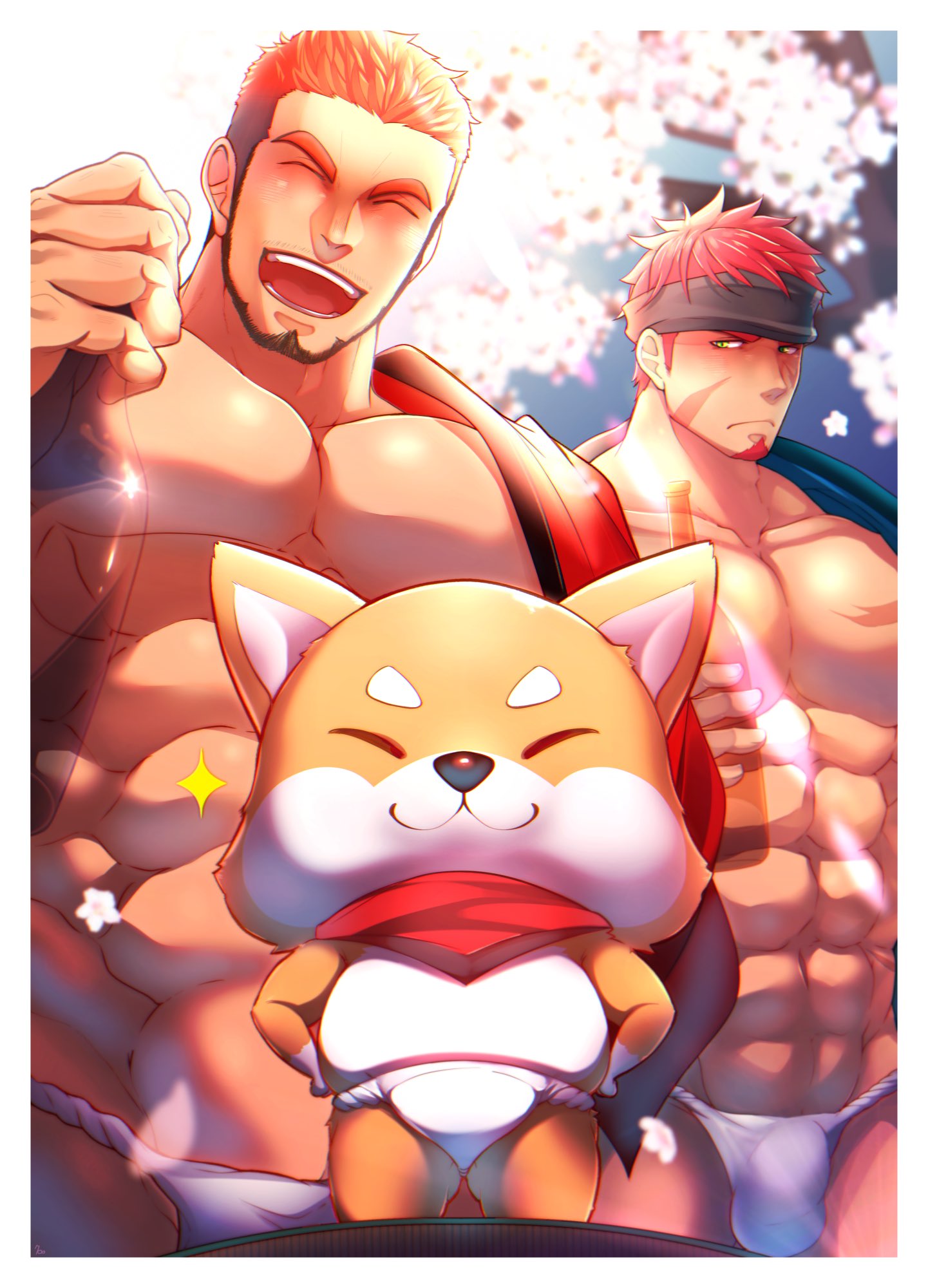 2boys abs bara beard black_hair blush brown_hair cherry_blossoms chest closed_eyes creature drunk facial_hair fundoshi green_eyes gyee highres japanese_clothes kuro_(shiranui) looking_at_another male_focus manly mascot multicolored_hair multiple_boys muscle musso_(gyee) navel open_clothes open_mouth orange_hair pectorals rand_(gyee) redhead revealing_clothes scar smile sparkle standing upper_body