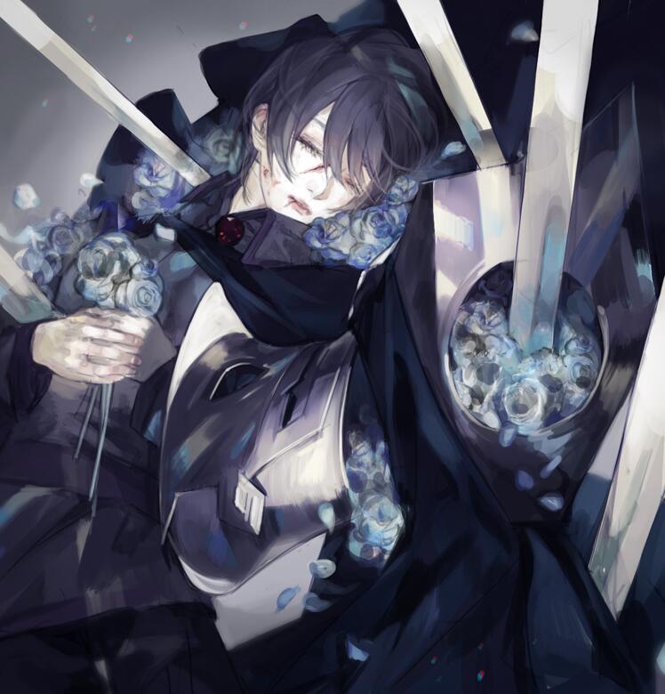 1girl black_hair blood blood_on_face blood_stain blue_flower bouquet brooch bruise cape closed_eyes corpse cuts death flower holding holding_bouquet injury jewelry nishihara_isao pale_skin pixiv_fantasia pixiv_fantasia_fallen_kings rose_(pffk) scratches short_hair solo