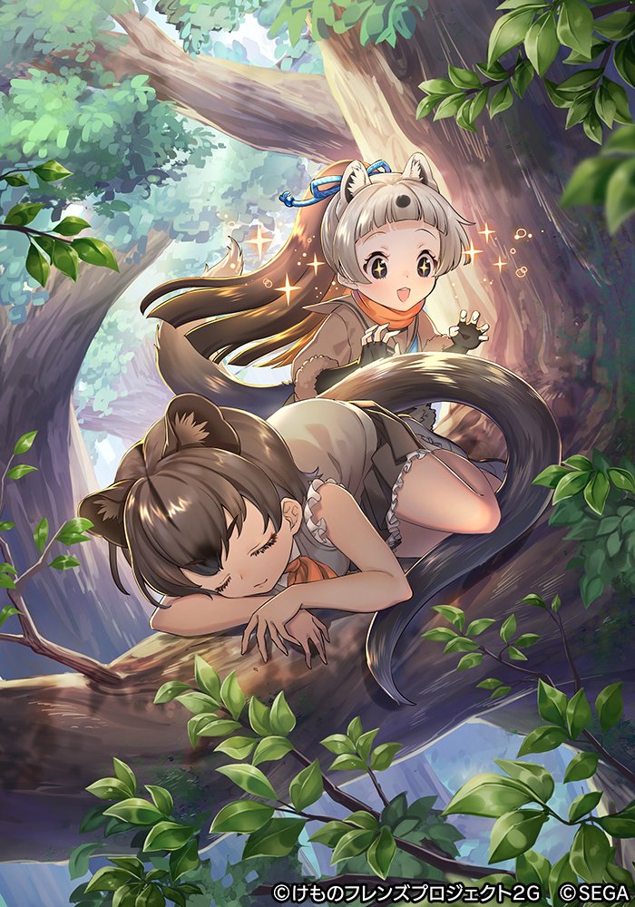 +_+ 2girls bangs bare_arms bare_shoulders black_gloves blonde_hair blue_bow bow brown_hair brown_skirt brown_vest closed_eyes commentary_request ctake02 dark_skin elbow_gloves extra_ears fingerless_gloves fossa_(kemono_friends) fossa_ears fossa_tail frilled_skirt frilled_vest frills fur_trim gloves hair_bow kemono_friends kemono_friends_3 leaf multicolored_hair multiple_girls official_art orange_scarf pleated_skirt ponytail sable_(kemono_friends) sable_ears sable_tail scarf short_hair skirt sleeping sleeveless sparkle tail tree tree_branch vest