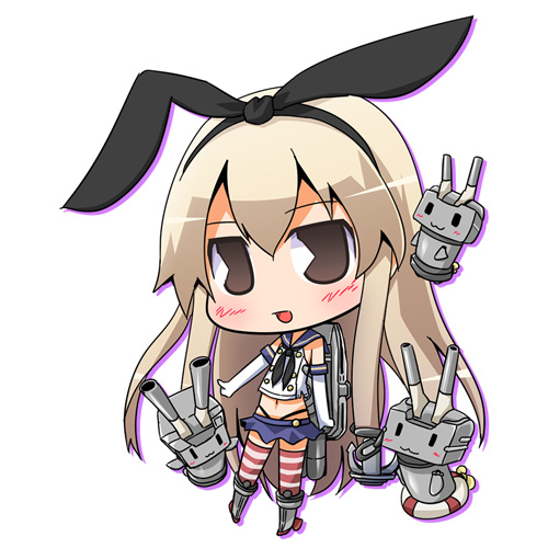 1girl 3others anchor_hair_ornament black_hairband black_neckwear black_panties blonde_hair blue_sailor_collar blue_skirt chibi commentary_request crop_top elbow_gloves full_body gloves grey_eyes hair_ornament hairband highleg highleg_panties kantai_collection long_hair looking_at_viewer lowres machinery microskirt miniskirt multiple_others neckerchief pac-man_eyes panties pleated_skirt rensouhou-chan sailor_collar shimakaze_(kantai_collection) simple_background skirt striped striped_legwear suntail thigh-highs underwear white_background white_gloves