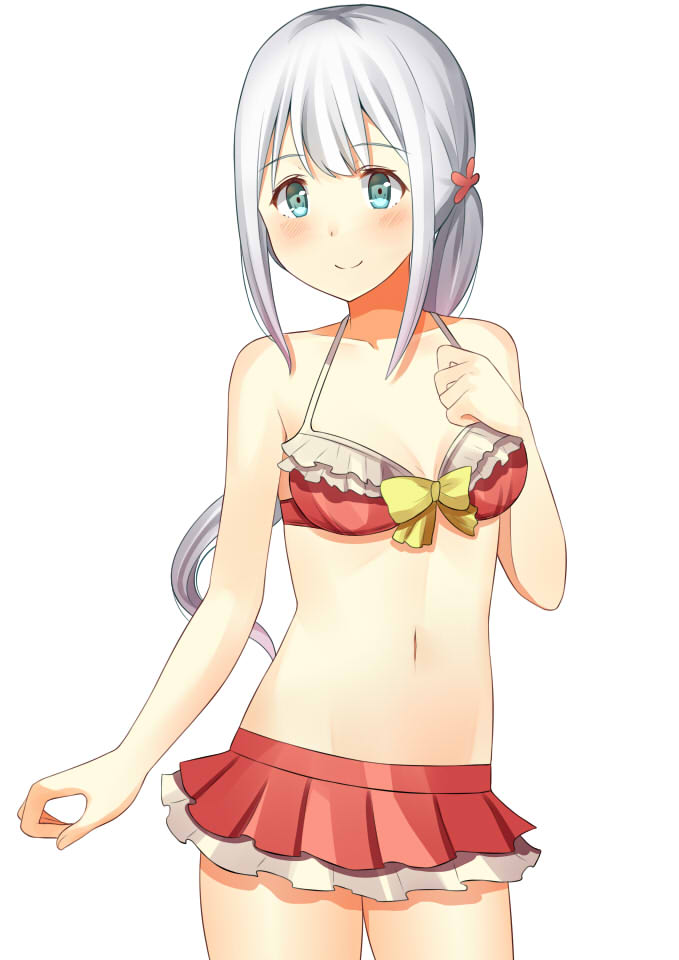 1girl alternate_hairstyle anonimu_(084025) bikini bikini_skirt commentary_request cowboy_shot eromanga_sensei frilled_bikini frills green_eyes hand_on_own_chest izumi_sagiri long_hair looking_to_the_side low_ponytail navel red_bikini silver_hair simple_background solo standing swimsuit white_background