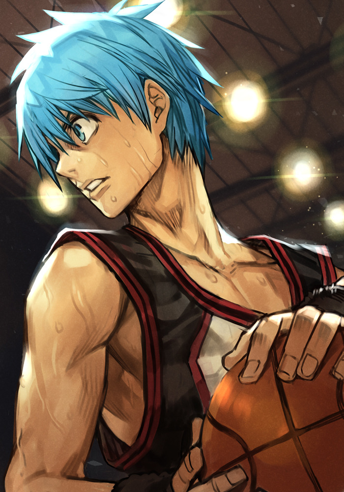 1boy bare_shoulders basketball basketball_uniform blue_eyes blue_hair collarbone hankuri holding indoors kuroko_no_basuke kuroko_tetsuya lights male_focus muscle short_hair solo sportswear sweat sweatband sweatdrop tank_top upper_body