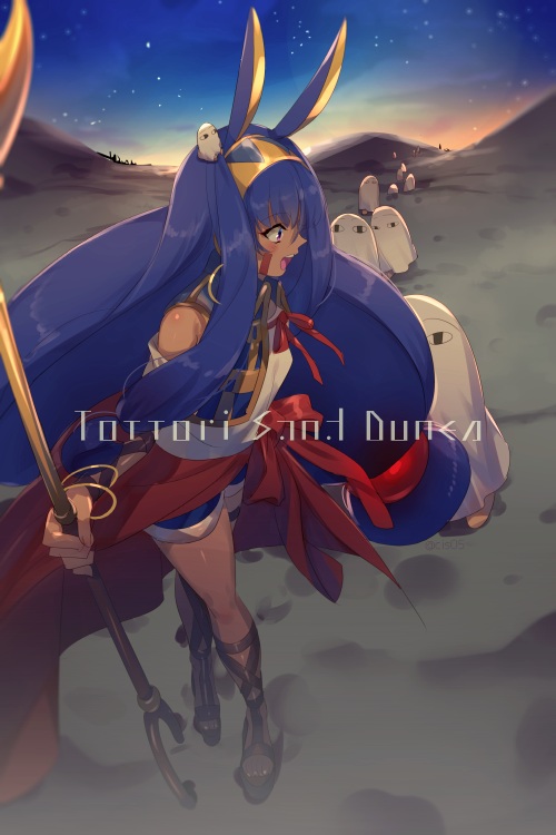 1girl animal_ears bangs blue_shorts blue_sky blush bracelet breasts cis05 dark_skin earrings egyptian evening facepaint facial_mark fate/grand_order fate_(series) gradient_sky hairband hoop_earrings jackal_ears jewelry long_hair low-tied_long_hair medjed nitocris_(fate/grand_order) open_clothes open_mouth open_vest orange_sky purple_hair sarong shirt shorts sidelocks sky staff sunset twilight very_long_hair vest violet_eyes white_shirt
