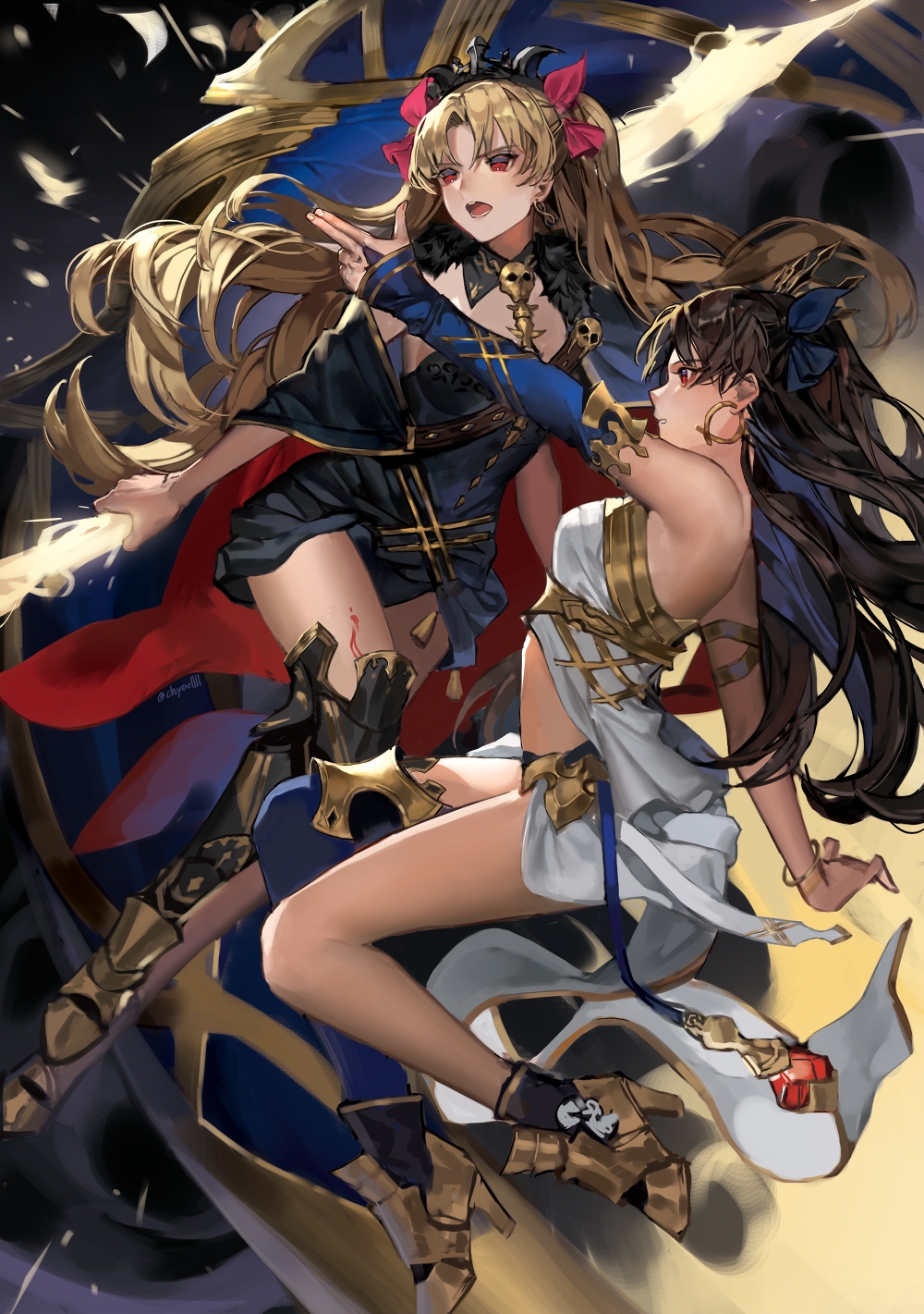2girls armored_boots bare_shoulders black_dress black_hair black_ribbon blonde_hair boots bridal_gauntlets chyoel crown dress earrings ereshkigal_(fate/grand_order) eyebrows_visible_through_hair fate/grand_order fate_(series) finger_gun hair_between_eyes hair_ornament heavenly_boat_maanna highres ishtar_(fate)_(all) ishtar_(fate/grand_order) jewelry long_hair multiple_girls open_mouth parted_lips red_eyes red_ribbon ribbon siblings sisters skull teeth twintails white_dress