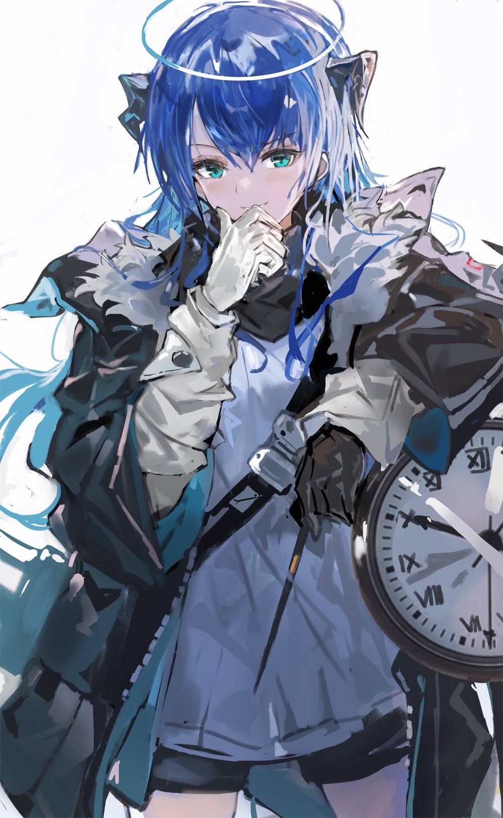 1girl alchemaniac arknights blue_eyes blue_hair clock elbow_rest fur-trimmed_jacket fur_trim gloves halo highres horns jacket long_hair mismatched_gloves mostima_(arknights) shorts smile wand white_background