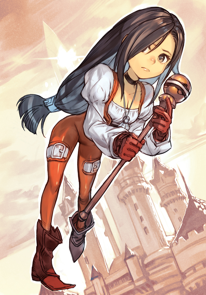 1girl bangs black_choker bodysuit boots brown_eyes brown_hair choker closed_mouth collarbone final_fantasy final_fantasy_ix full_body garnet_til_alexandros_xvii gloves hankuri holding holding_staff jewelry juliet_sleeves long_hair long_sleeves orange_bodysuit parted_bangs pendant puffy_sleeves red_gloves shirt solo staff very_long_hair white_shirt