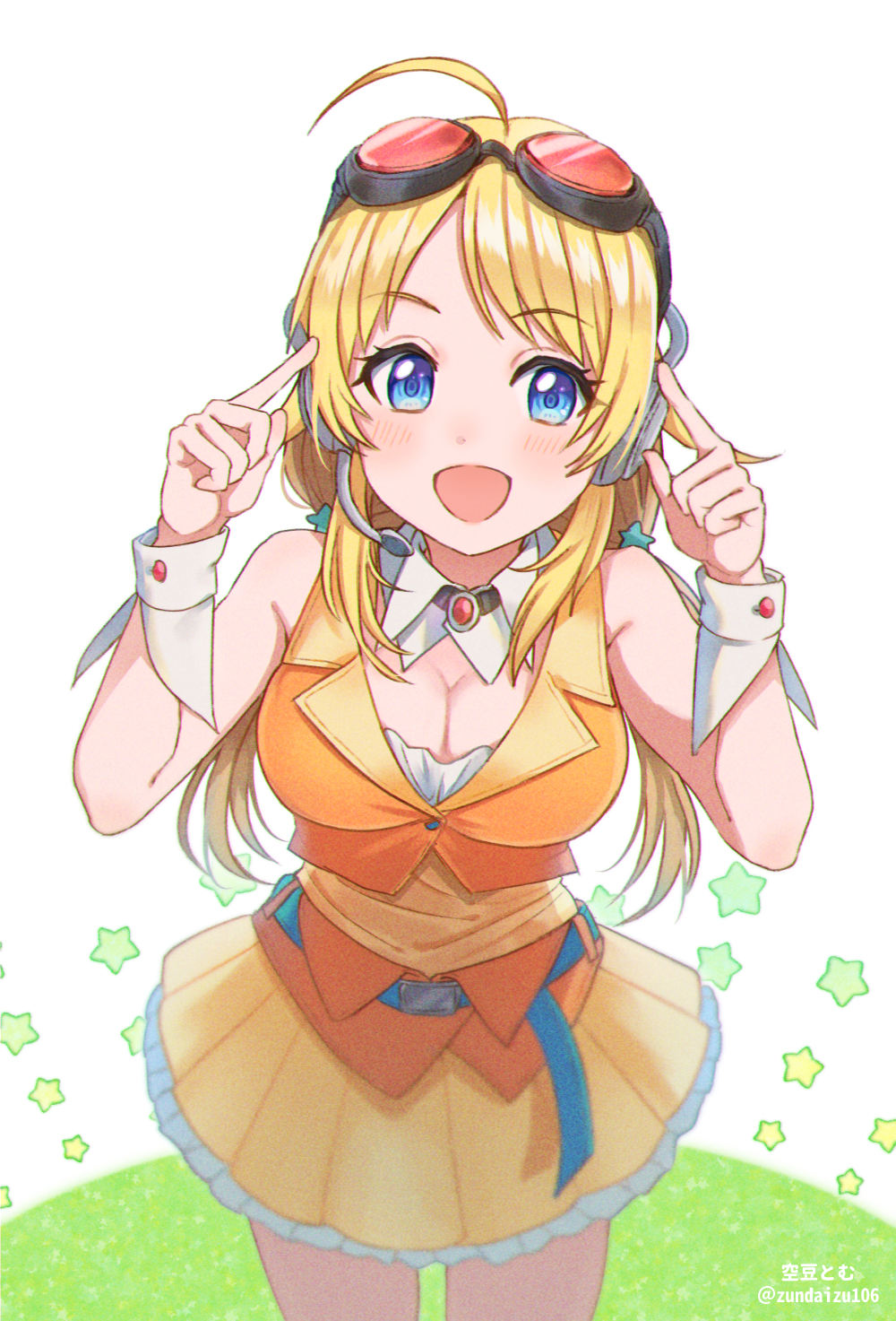 1girl ahoge alternate_costume artist_name bangs bare_shoulders blonde_hair blue_eyes blush breasts commentary_request eyebrows_visible_through_hair frills gem goggles goggles_on_head hachimiya_meguru hair_ornament headphones highres idolmaster idolmaster_shiny_colors large_breasts leaning_forward long_hair looking_at_viewer low_twintails open_mouth orange_skirt pleated_skirt simple_background skirt smile solo soramame_tomu translation_request twintails white_background