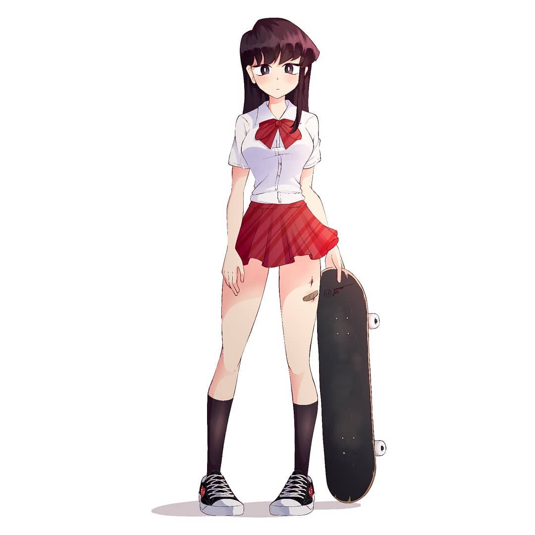 1girl bandaid black_footwear black_legwear brown_eyes brown_hair comme_des_garcons converse dress_shirt expressionless jestami kneehighs komi-san_wa_komyushou_desu komi_shouko looking_at_viewer pigeon-toed red_neckwear red_skirt school_uniform shirt shoes skateboard skirt sneakers solo