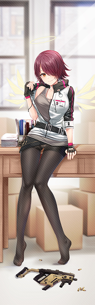 1girl arknights asymmetrical_bangs bangs black_gloves black_legwear black_shorts box breasts bullet cardboard_box chinese_commentary closed_mouth desk detached_wings exusiai_(arknights) fingerless_gloves full_body gloves grey_tank_top gun hair_between_eyes hair_over_one_eye halo jacket jiushi_shijiu looking_at_viewer machine_gun medium_breasts name_tag off_shoulder orange_eyes pantyhose parted_bangs redhead short_hair short_shorts shorts smile solo standing sunlight tank_top weapon white_jacket wings