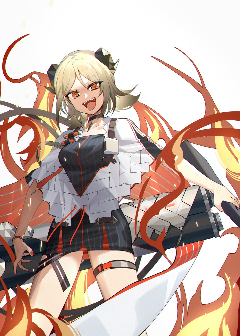 1girl :d arknights blonde_hair breasts bright_pupils choker cowboy_shot dress highres horns huge_weapon ifrit_(arknights) medium_breasts nail_polish open_mouth orange_eyes short_dress short_hair simple_background smile solo thigh_strap weapon white_background wristband xiujia_yihuizi