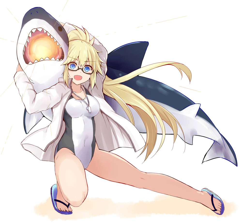 1girl blonde_hair blue_eyes breasts competition_swimsuit fate/grand_order fate_(series) glasses jacket jeanne_d'arc_(fate)_(all) jeanne_d'arc_(swimsuit_archer) long_hair looking_at_viewer medium_breasts one-piece_swimsuit open_clothes open_jacket ponytail pose red-framed_eyewear sandals sen_(astronomy) shark simple_background solo swimsuit twintails whistle whistle_around_neck white_background white_jacket white_swimsuit