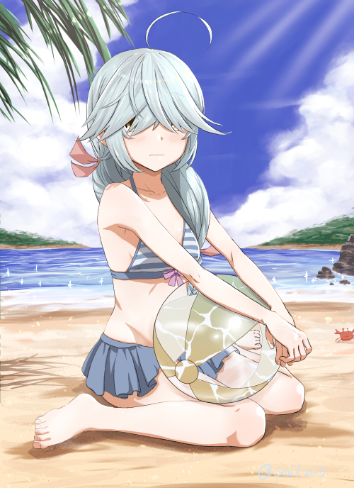 1girl ahoge ball barefoot beach beachball bikini bikini_skirt black_ribbon blue_bikini blue_sky braid brown_eyes clouds day flat_chest full_body grey_hair hair_over_eyes hair_ribbon hamanami_(kantai_collection) island kantai_collection long_hair looking_at_viewer ocean outdoors palm_leaf pleated_skirt ribbon single_braid sitting skirt sky soil_7yi2i2s solo striped striped_bikini swimsuit wariza