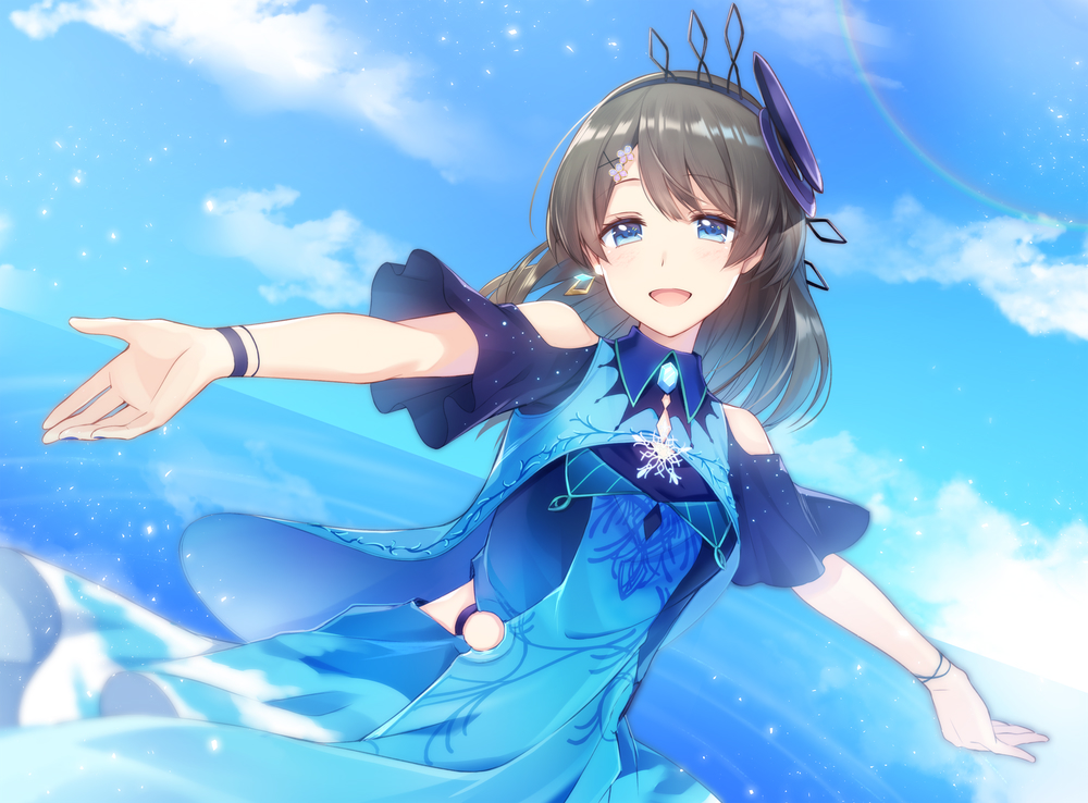 1girl blue_dress blue_eyes blue_sky brown_hair dress medium_hair mono_lith open_mouth original outstretched_arms sky smile solo