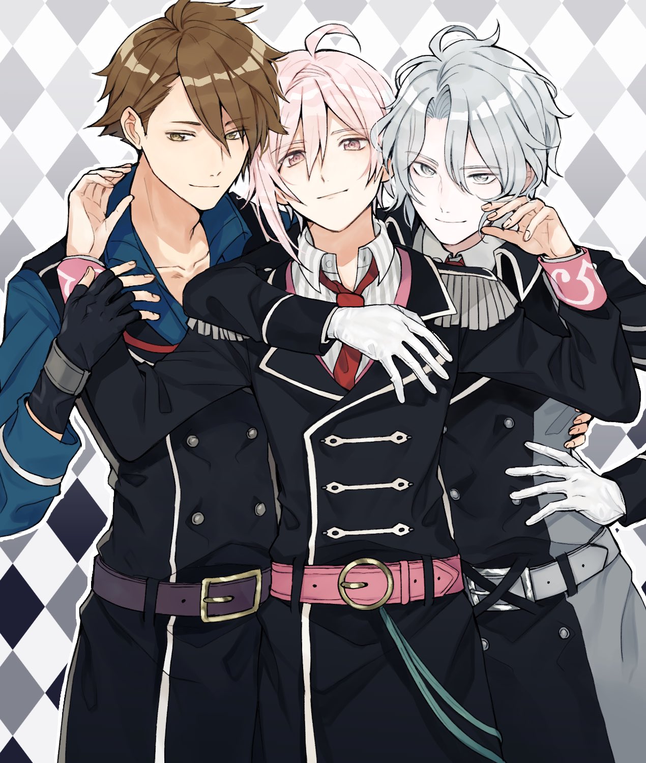 3boys ahoge arm_over_shoulder belt black_coat black_gloves blue_shirt boy_sandwich brown_eyes brown_hair coat collarbone collared_shirt commentary_request epaulettes eyebrows_visible_through_hair fingerless_gloves gloves grey_eyes grey_hair hair_between_eyes hair_over_one_eye highres hug hug_from_behind idol idolish_7 kujou_tenn kurodeko long_coat looking_at_viewer loose_neckwear male_focus multiple_boys necktie pink_eyes pink_hair red_neckwear sandwiched shirt smile striped striped_shirt tsunashi_ryuunosuke undershirt upper_body white_gloves yaotome_gaku