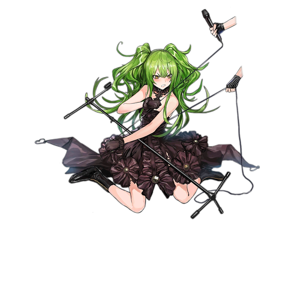 &gt;:( 1girl alternate_costume bangs bare_shoulders black_dress black_footwear black_gloves blush boots clenched_teeth damaged dress fingerless_gloves frown full_body girls_frontline gloves green_hair hair_between_eyes holding holding_microphone infukun kneeling long_hair m950a_(girls_frontline) microphone microphone_stand official_art open_mouth out_of_frame sidelocks solo_focus striped striped_gloves teeth transparent_background twintails v-shaped_eyebrows